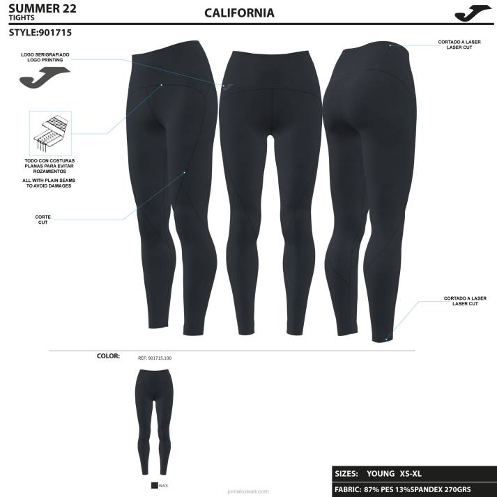 Joma 82P4R1620 أسود لباس ضيق طويل كاليفورنيا نحيف