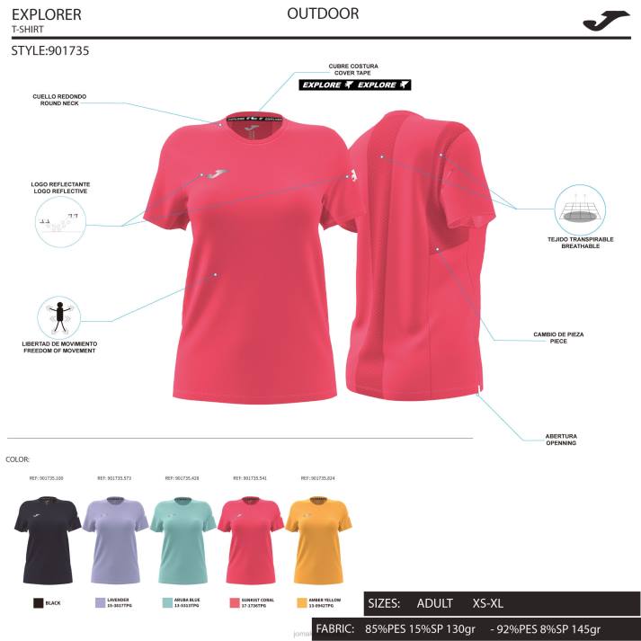 Joma 82P4R1652 المرجان قميص قصير الأكمام المستكشف نحيف