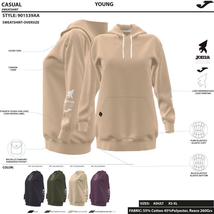 Joma 82P4R2104 أسود سترة مقنعين الشارع الحضري نحيف