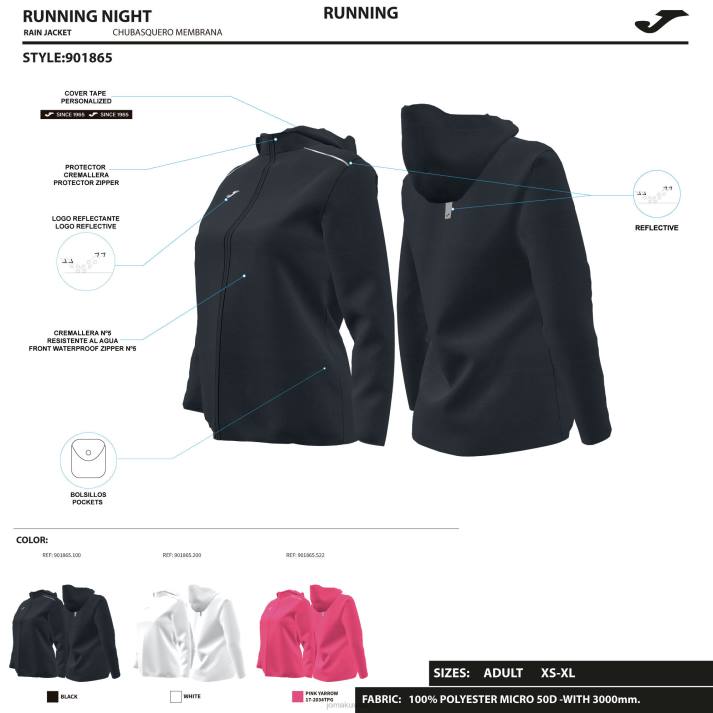 Joma 82P4R2265 أسود سترة المطر ليلة نحيف