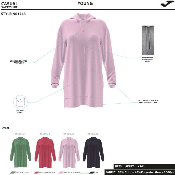 Joma 82P4R2498 لون القرنفل دافني سترة مقنعين نحيف