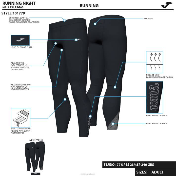 Joma 82P4R3296 أسود لباس ضيق طويل يلة رجال