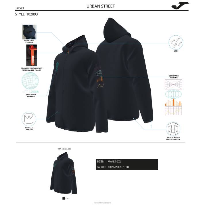 Joma 82P4R608 أسود سترة ضوء الشارع الحضري رجال